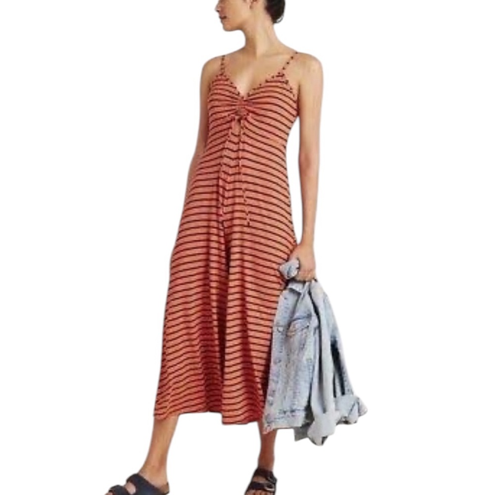NWT Anthropologie Lissa Wide Leg Orange and Navy Striped Jumpsuit Size XS.